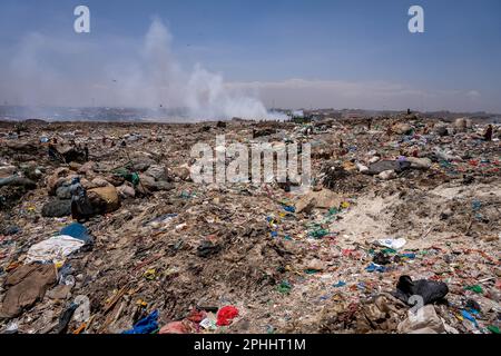 Nairobi, Kenya. 23rd Feb, 2023. Panoramic view of Dandora dumpsite. Dandora is the biggest dumpsite in East Africa and is the destination of the solid waste generated by Nairobi. It has been declared full in 1996 but is still operating and a lot of people, including children, go there looking for plastic, food or clothes they can sell. (Photo by Simone Boccaccio/SOPA Images/Sipa USA) Credit: Sipa USA/Alamy Live News Stock Photo