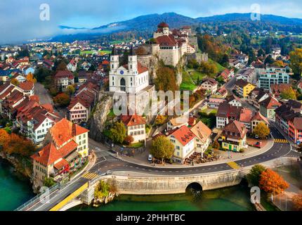 Aarburg historic Old town and Aarburg castle on Aare river in Aargau canton, Switzerland. Aarburg castle is one of the largest castles in Switzerland. Stock Photo