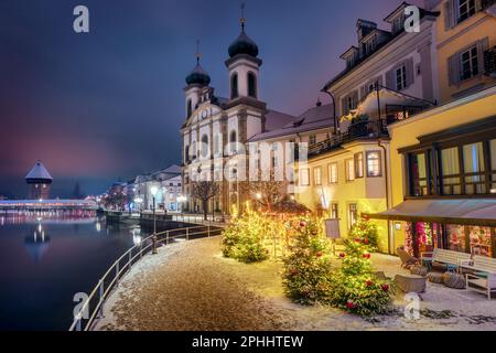 Christmas illumination on a winter night in Lucerne city, Switzerland Stock Photo