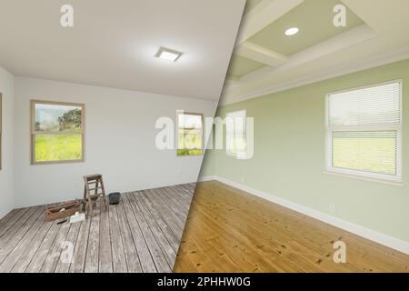 Light Green Before and After of Master Bedroom Showing The Unfinished and Renovation State Complete with Coffered Ceilings and Molding. Stock Photo