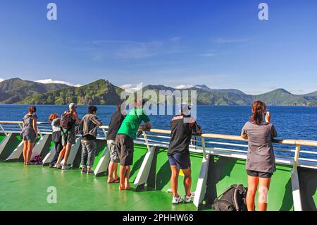View of Cook Strait & Tory Channel from Inter-Island ferry, Marlborough Sounds, Marlborough District, South Island, New Zealand Stock Photo