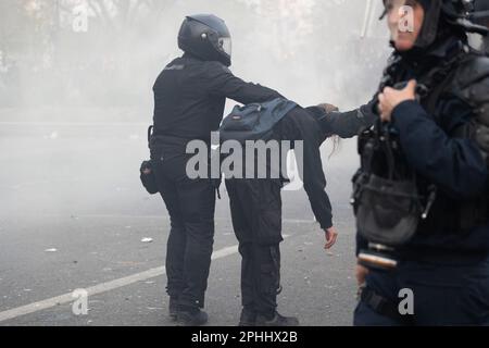 Paris, France, March 28, 2023. BRAV M riot police arrest a