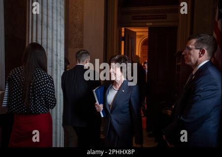 Washington, Vereinigte Staaten. 28th Mar, 2023. United States Senator Susan Collins (Republican of Maine) departs the Senate Republicanâs policy luncheon at the US Capitol in Washington, DC, Tuesday, March 28, 2023. Credit: Rod Lamkey/CNP/dpa/Alamy Live News Stock Photo