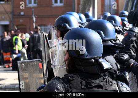 2023 03 28: demonstrations against retirement new law in France by president Macron turned into violent clashes with anti riot police units all over France. Stock Photo