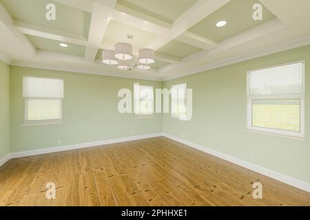 Light Green Light Green Beautiful Custom Master Bedroom Complete with Fresh Paint, Crown and Base Molding, Hard Wood Floors and Coffered Ceiling Stock Photo