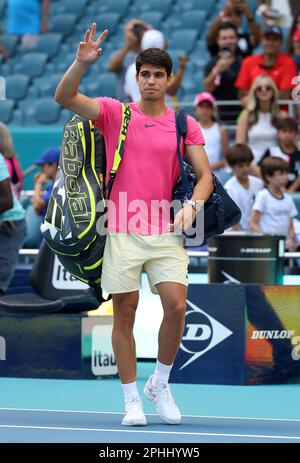 Miami, United States Of America. 28th Mar, 2023. MIAMI GARDENS, FLORIDA - MARCH 28: Carlos Alcaraz of Spain celebrates to the crowd after his straight sets victory against Tommy Paul of the United States in their fourth round match at Hard Rock Stadium on March 28, 2023 in Miami Gardens, Florida. (Photo by Alberto E. Tamargo/Sipa USA) Credit: Sipa USA/Alamy Live News Stock Photo