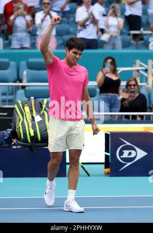 Miami, United States Of America. 28th Mar, 2023. MIAMI GARDENS, FLORIDA - MARCH 28: Carlos Alcaraz of Spain celebrates to the crowd after his straight sets victory against Tommy Paul of the United States in their fourth round match at Hard Rock Stadium on March 28, 2023 in Miami Gardens, Florida. (Photo by Alberto E. Tamargo/Sipa USA) Credit: Sipa USA/Alamy Live News Stock Photo