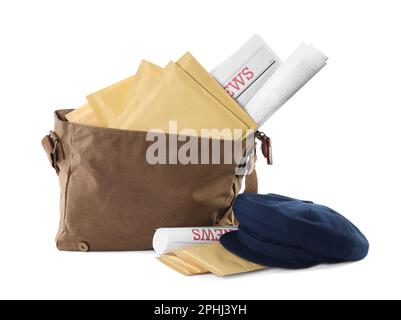 Brown postman's bag with envelopes, newspapers and hat on white background Stock Photo
