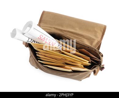 Brown postman's bag with envelopes and newspapers on white background, top view Stock Photo