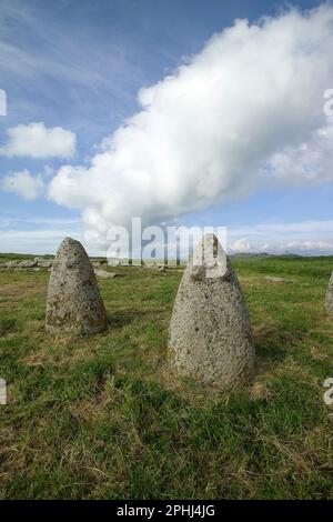 Menhir stones from the bronze age at Archeological site of Tamuli, Sardinia island, Italy betili nuragici ('Pedras marmuradas') di Tamuli (Macomer). Stock Photo