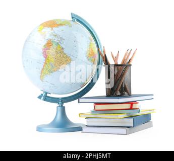 Plastic model globe of Earth, colorful pencils and books on white background. Geography lesson Stock Photo