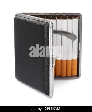 Stylish case with cigarettes isolated on white Stock Photo