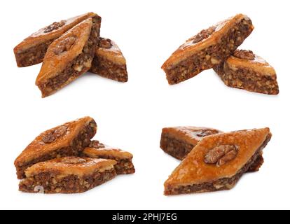 Delicious baklava with walnuts on white background, collage Stock Photo