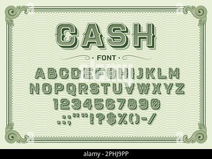 Money font, vintage type or typeface banknote alphabet, vector typography text. Dollar font or money currency retro type letters, old cash typeface of Stock Vector