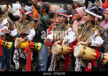 Indonesian perform reog kendang in the ceremony of Tulungagung's anniversary (Bersih Nagari) Stock Photo