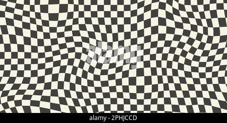 Trippy checkerboard background. Retro psychedelic checkered wallpaper. Wavy groovy chessboard surface. Distorted geometric pattern. Abstract monochrome vector backdrop Stock Vector