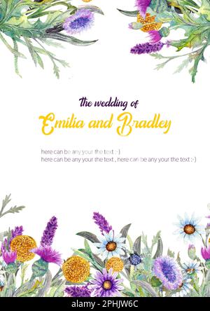 Wedding vertical frame of wild flowers. Watercolor. Greeting card template design. Invitation background. Stock Photo