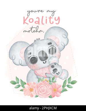 Cute innocence Australia Koala mother and baby hugging with flower wreath, Happy mother's day whimsical nursery watercolour animal cartoon hand painti Stock Vector