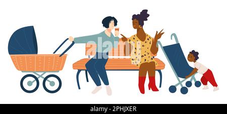 Women with kids talking sitting on bench in park Stock Vector