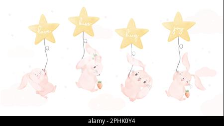 Adorable whimsical happy baby pink bunny rabbit flying with star shape balloon nursery children watercolour hand painting banner Stock Vector
