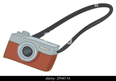 Retro camera with strap, vintage photo device Stock Vector