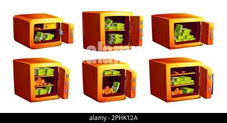 Bank vault box, open safe with money. Icons of gold safe boxes with open doors, golden coins and bills inside. Concept of finance, treasure, wealth, deposit, vector cartoon set Stock Vector