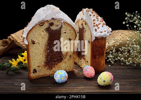 Traditional Easte Treat, Homemade Paska with Colorful Eggs Stock Photo