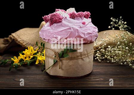Traditional Easte Treat, Homemade Paska with Colorful Eggs Stock Photo