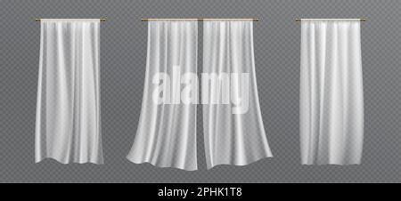 Realistic set of white curtains hanging isolated on transparent background. Vector illustration of silk fabric sheets, veil fluttering in wind. Home textile, light drapery, interior design elements Stock Vector