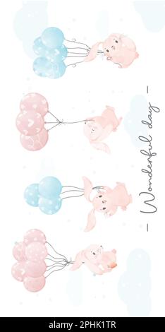 Adorable whimsical happy baby pink bunny rabbit flying with balloons nursery children watercolour hand painting banner Stock Vector
