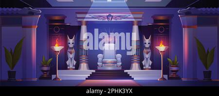 Ancient Egyptian palace or temple with throne, god and pharaoh statues ...