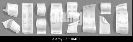 Paper receipts, cash checks of payments in shop or supermarket. Invoice bills of purchases, chique from pos terminal isolated on transparent background, vector realistic set Stock Vector