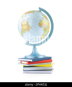 Plastic model globe of Earth and books on white background. Geography lesson Stock Photo