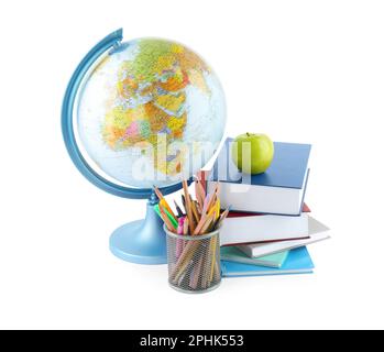 Plastic model globe of Earth, colorful pencils, apple and books on white background. Geography lesson Stock Photo