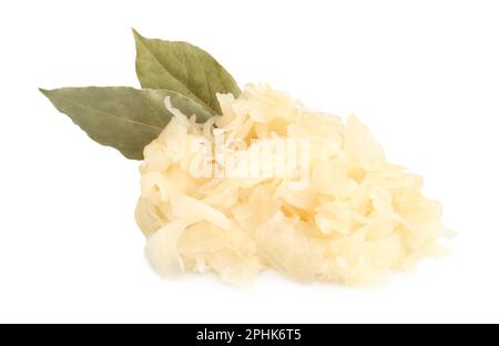 Tasty sauerkraut with bay leaves on white background Stock Photo