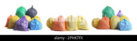 Set with different trash bags full of garbage on white background. Banner design Stock Photo