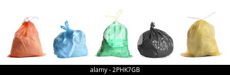 Set with different trash bags full of garbage on white background. Banner design Stock Photo