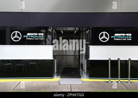 Albert Park, Melbourne, Victoria, Australia. 29th Mar, 2023. FIA Formula One World Championship 2023 - Formula One Rolex Australian Grand Prix - A general view of the Mercedes-AMG Petronas F1 Team entrance in the F1 Paddock during the 2023 FIA Formula One World Championship-Image Credit: brett keating/Alamy Live News Stock Photo