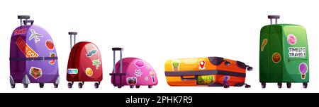 Travel suitcase vector illustration. Isolated cartoon tourist bag and luggage for vacation trip. Case on wheel with camera and airplane sticker icon collection. Large and small different baggage. Stock Vector