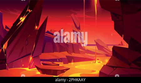 Hell background with lava in cave. Fantasy landscape with fiery magma flows in mountains. Scary scene with lava river in rocks crack, vector cartoon illustration Stock Vector