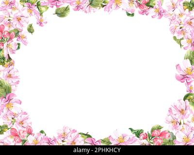 Rectangular frame of a blossoming apple tree on a white background. watercolor illustration Stock Photo