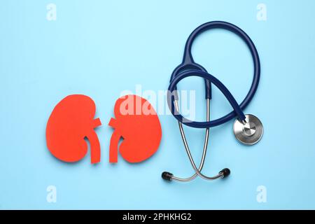 Paper cutout of kidneys and stethoscope on light blue background, flat lay Stock Photo