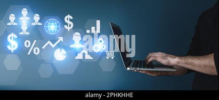 Business analytics and technology analysis concept. A manager uses a computer to analyze financial and economic affairs. High quality photo Stock Photo