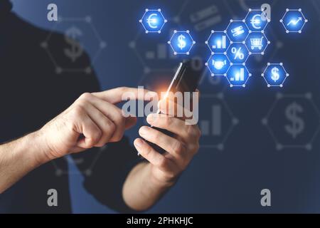 Business analytics and technology analysis concept. A manager uses a computer to analyze financial and economic affairs. High quality photo Stock Photo