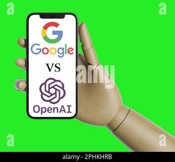 Google vs Open Ai in iphone screen holding robotic hand Stock Photo