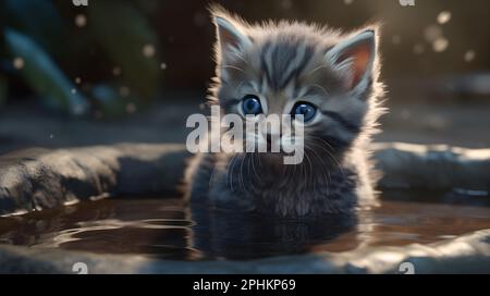 A Cute Kitten in a Puddle Stock Photo