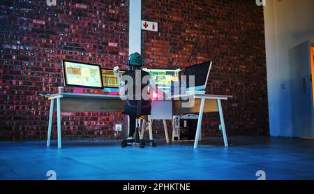 Coding, hacker woman and computer monitor for cybersecurity, programming and data. Analytics code, dashboard and technology of a female working on Stock Photo