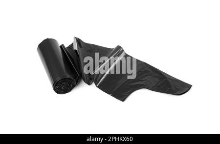 Garbage Bag Roll Isolated. Trash Package, New Rolled Plastic Bin Bags, Black Polyethylene Waste Container on White Background Stock Photo