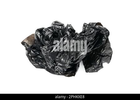 Crumpled Garbage Bag Isolated. Wrinkled Trash Package, Used Plastic Bin Bags, Black Polyethylene Waste Container on White Background Stock Photo