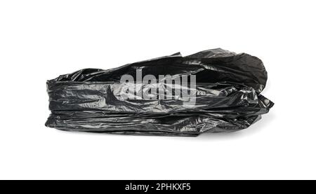 Crumpled Garbage Bag Isolated. Wrinkled Trash Package, Used Plastic Bin Bags, Black Polyethylene Waste Container on White Background Stock Photo